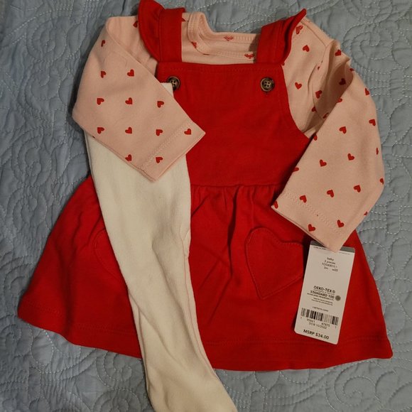 Extra Sweet! Carter's Baby 3-Piece Set-Red Jumper Pink Shirt White Tights 3M - Picture 12 of 14